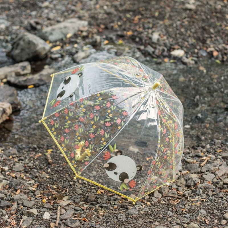 Ombrello trasparente per bambini decorato con panda e foglie